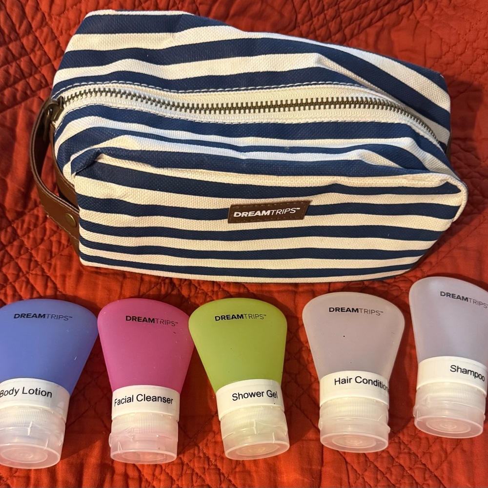 DreamTrips Striped Toiletry Bag with Travel Bottles